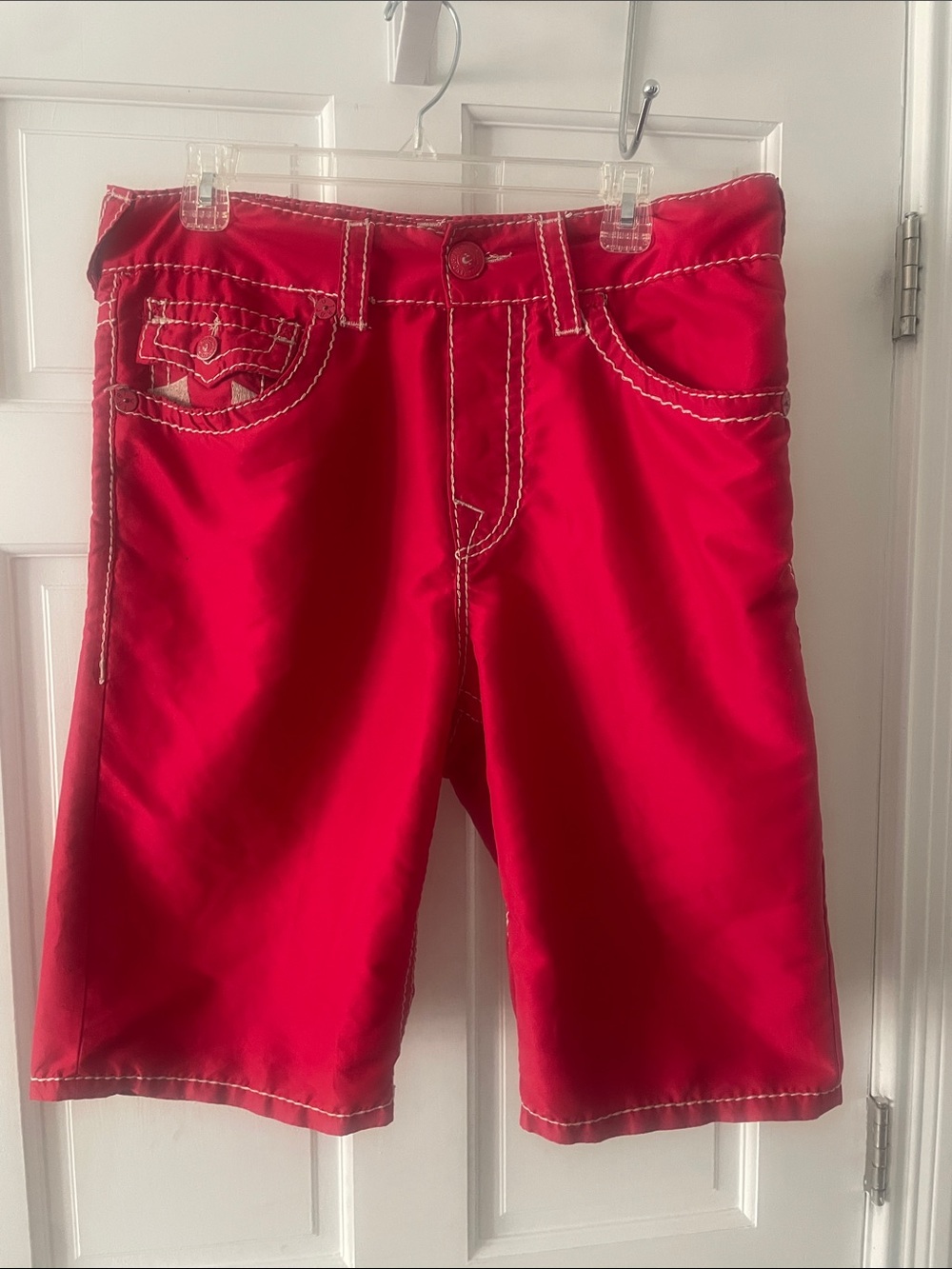 True Religion Red Men's Swim Hybrid Shorts with White Stitching